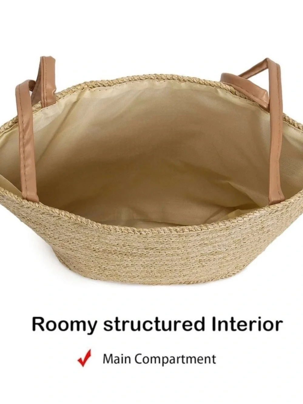 Natural Straw Shoulder Tote Bag with Tan Straps